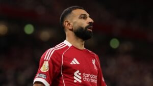 Mohamed Salah in a Liverpool shirt at Anfield