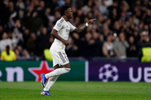 Vinicius Junior celebrating goal for Real Madrid at the Santiago Bernabeu