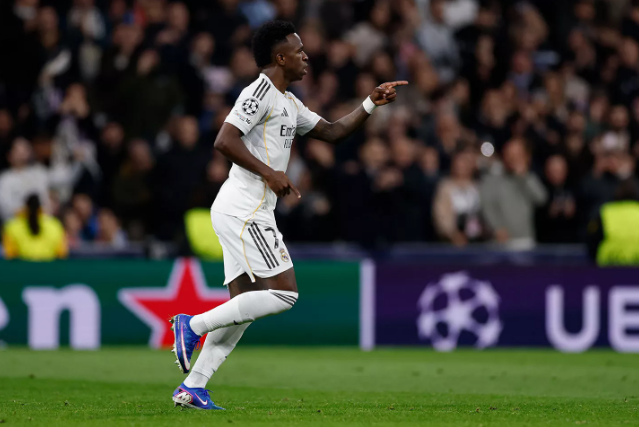 Vinicius Junior celebrating goal for Real Madrid at the Santiago Bernabeu