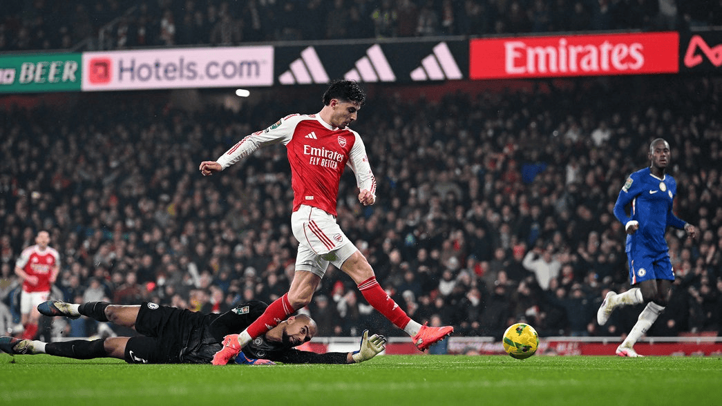 Kai Havertz scoring a goal for Arsenal against Chelsea