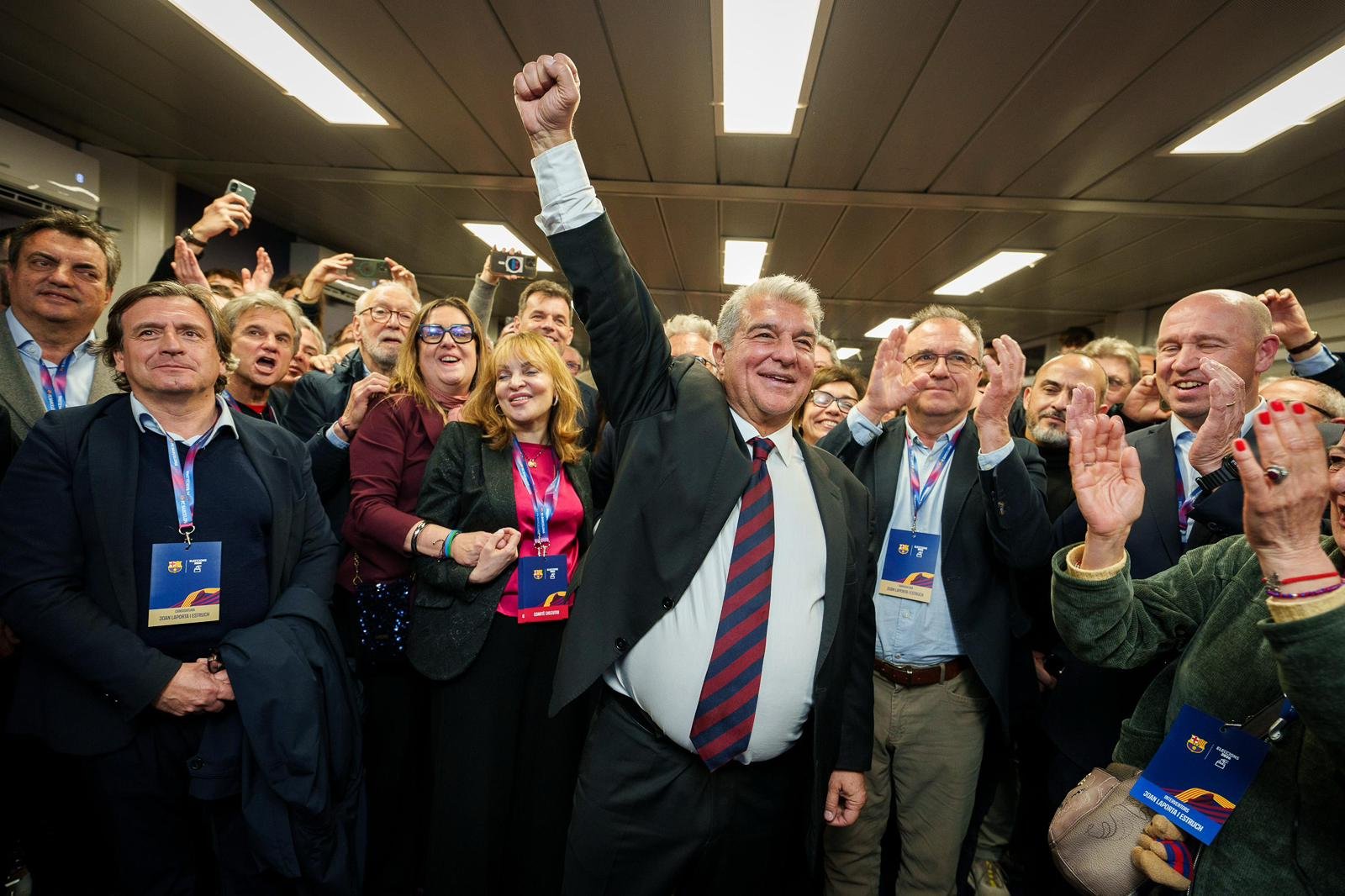 Joan Laporta celebrating his landslide victory in Barcelona elections