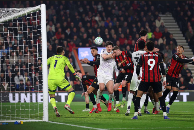 Manchester United players vying for the ball weith Bournemouth counterparts at the Vitality Stadium