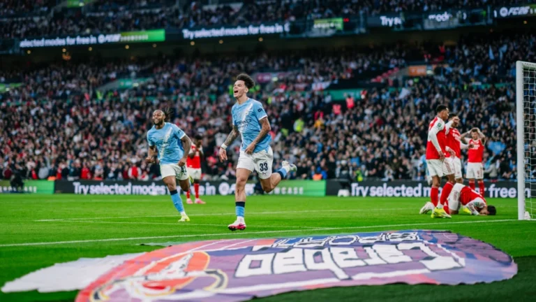 Nico O'Reilly celebrates scoring goal for Manchester City in Carabao Cup final against Arsenal