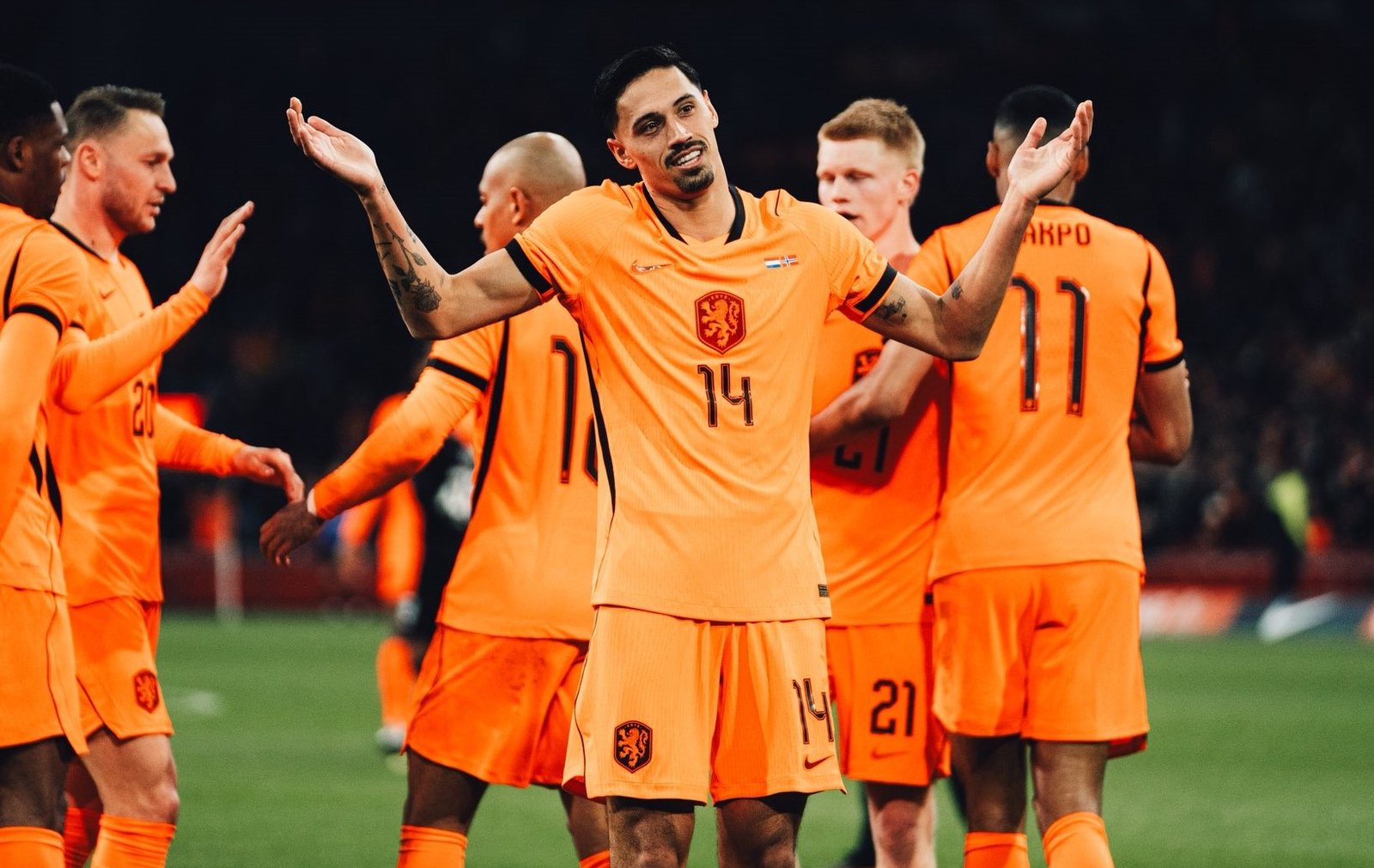 Tijjani Reijnders celebrating goal for the Netherlands against Norway
