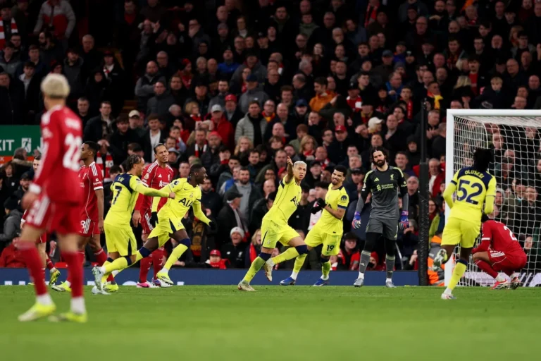 Richarlison celebrating late equaliser for Tottenham against Liverpool at Anfield
