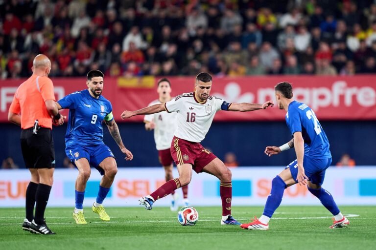 Rodri in action for Spain against Serbia