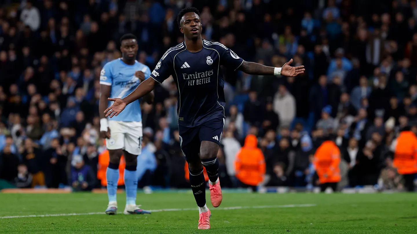 Vinicius Junior celebrating goal for Real Madrid against Manchester City