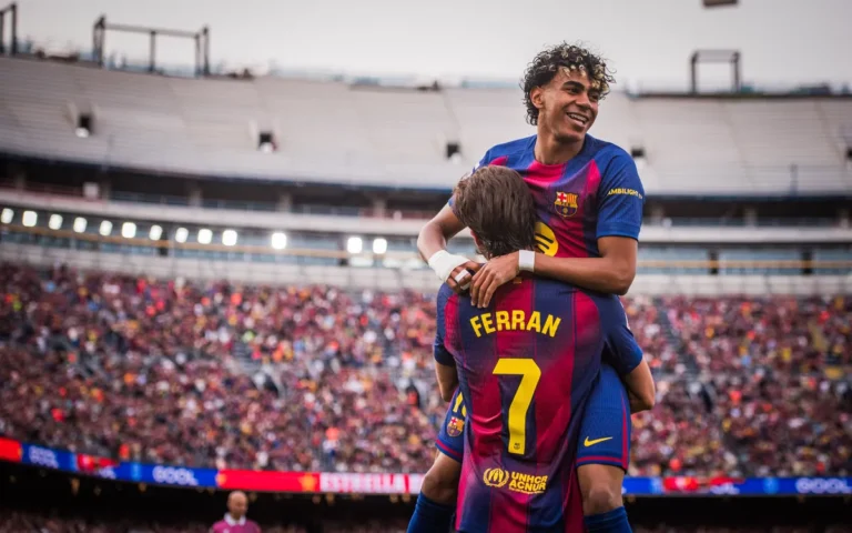 Lamine Yamal and Ferran Torres celebrating after scoring for Barcelona
