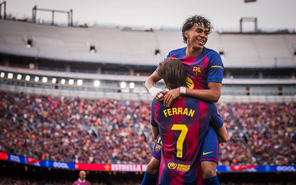 Lamine Yamal and Ferran Torres celebrating after scoring for Barcelona