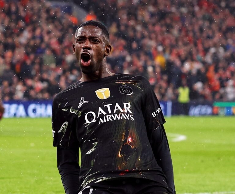PSG forward Ousmane Dembele celebrating goal against Liverpool