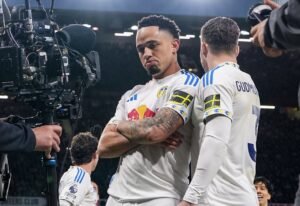 Noah Okafor celebrating goal for Leeds United against Manchester United