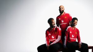 Manchester United players posing in new home kit