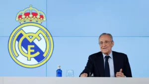 Real Madrid president Florentino Perez speaking to the media