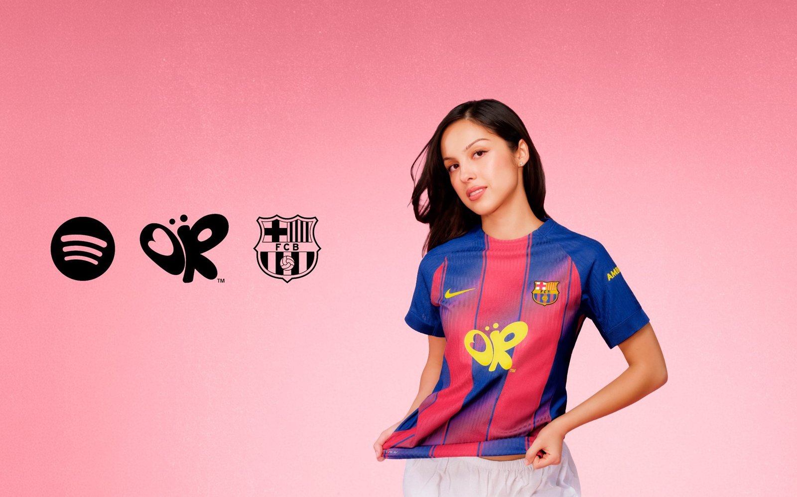 US singer Olivia Rodrigo advertising her logo on Barcelona jersey for clasico