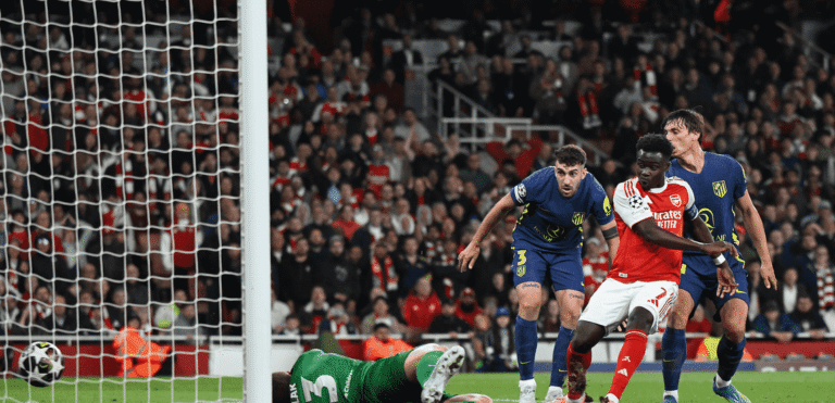 Bukayo Saka scoring for Arsenal against Atletico Madrid