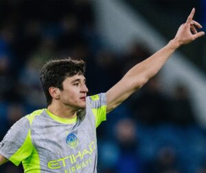 Abdukhodir Khusanov in action for Manchester City