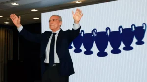 Florentino Perez greeting a crowd after winning Real Madrid presidential election