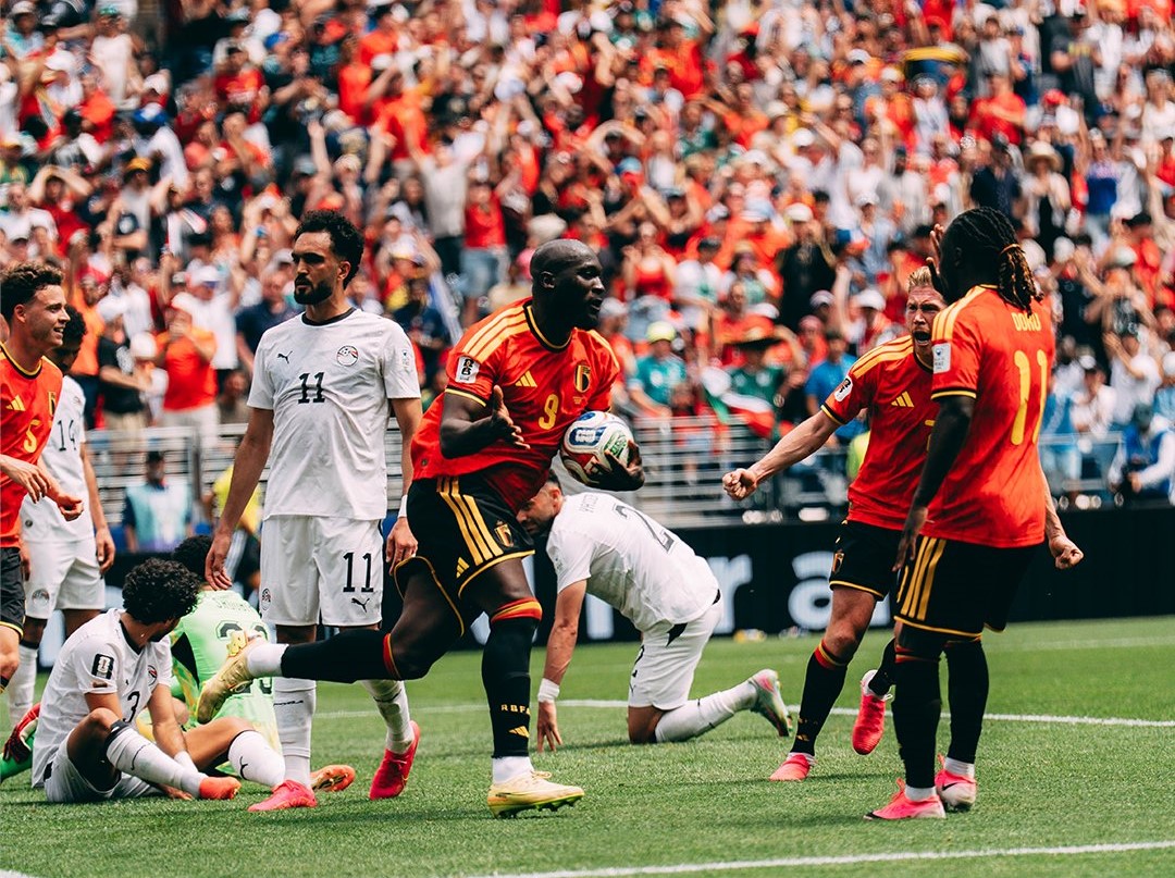 Romelu Lukaku celebrating Belgium's equaliser against Egypt at the 2026 World Cup