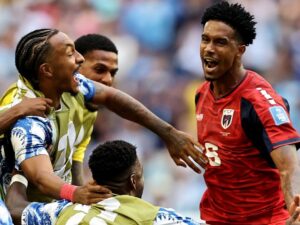 Cape Verde celebrating goal against Uruguay