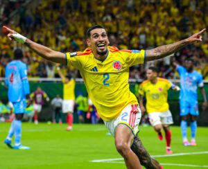 Daniel Munoz celebrating after goal for Colombia against DR Congo