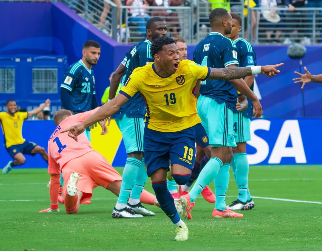 Gonzalo Plata celebrates goal after scoring for Ecuador against Germany
