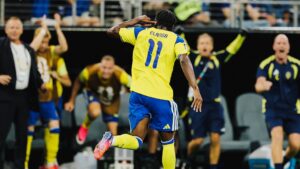 Anthony Elanga celebrating after goal for Sweden against Japan