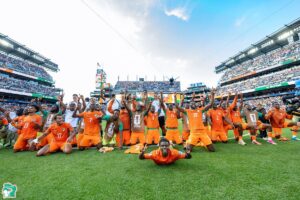 Ivory Coast team celebrating after win against Curacao seals knockout qualification