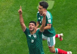Raul Jimenez celebrating goal for Mexico against South Africa at 2026 World Cup