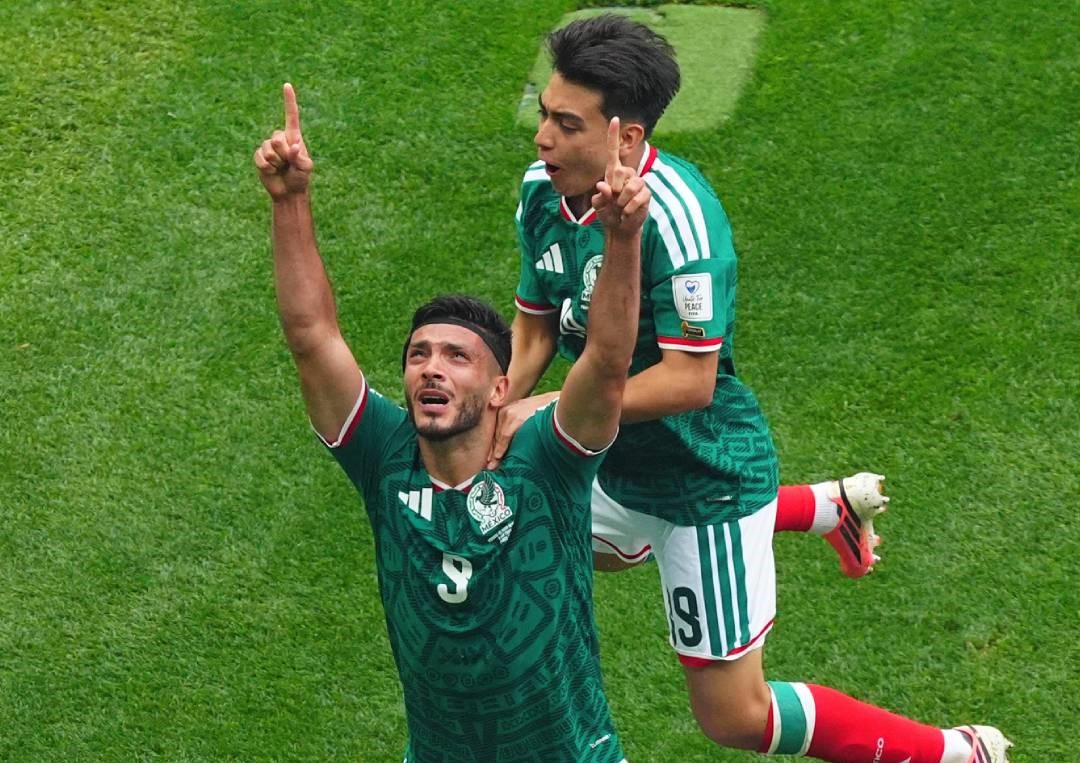 Raul Jimenez celebrating goal for Mexico against South Africa at 2026 World Cup