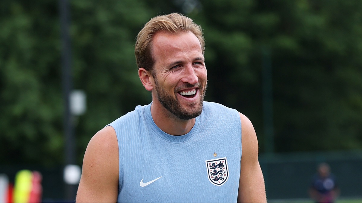 Harry Kane laughing during training at England camp