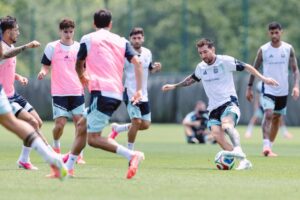 Lionel Messi on the ball during Argentina training