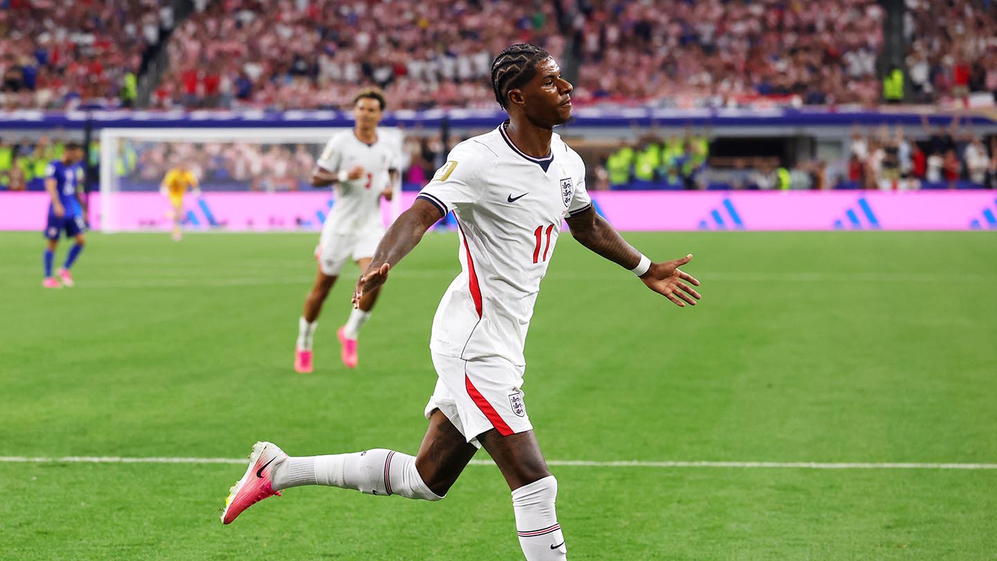 Marcus Rashford celebrating goal for England