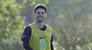 Declan Rice smiling during England training