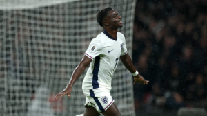 Bukayo Saka celebrating goal for England in the World Cup qualifying match against Serbia