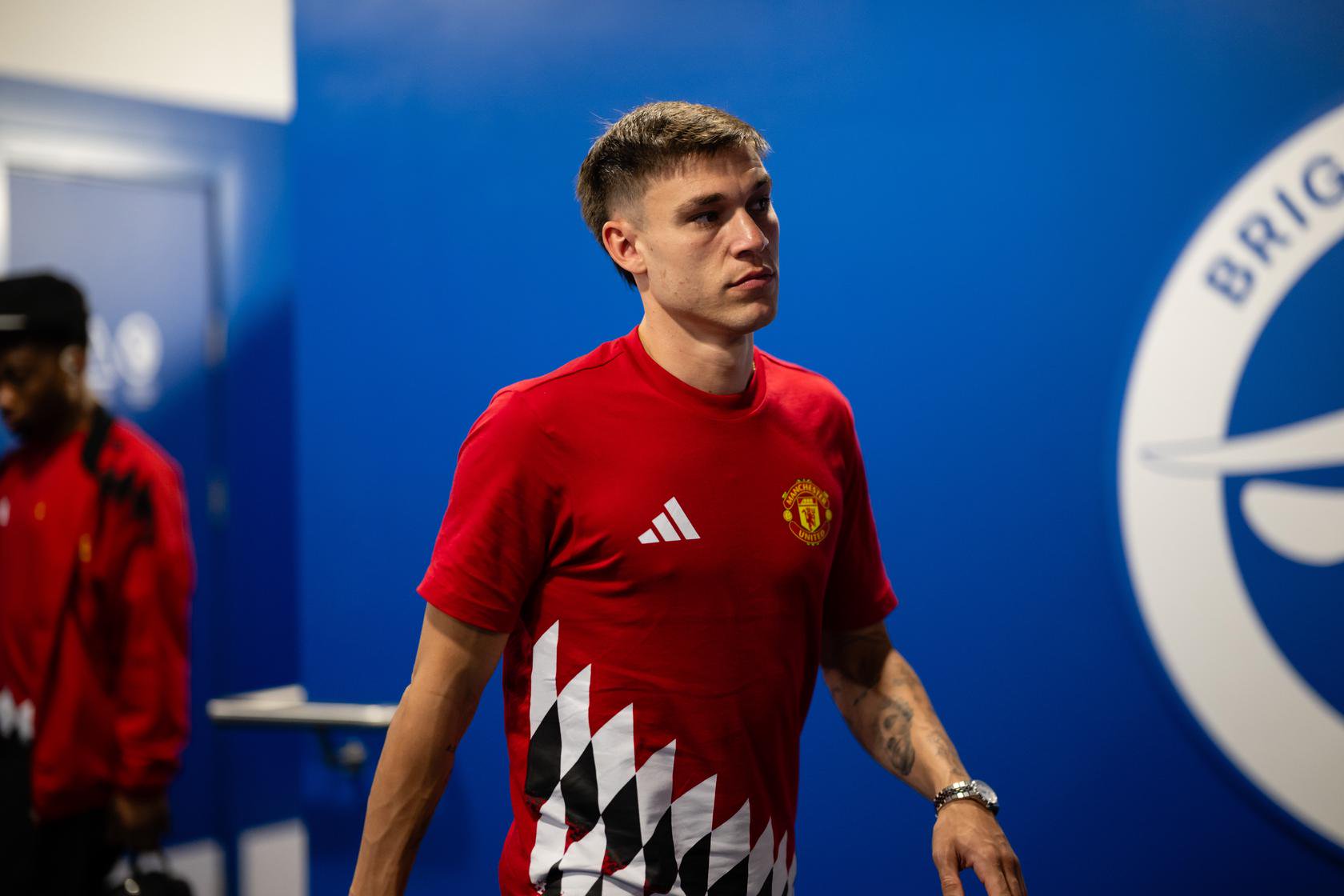 Manuel Ugarte walking in the tunnel at the Amex Stadium