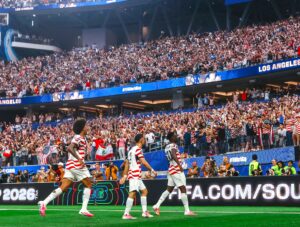 Folarin Balogun and his USA teammates celebrating goal against Paraguay at the World Cup 2026 opening game in Los Angeles
