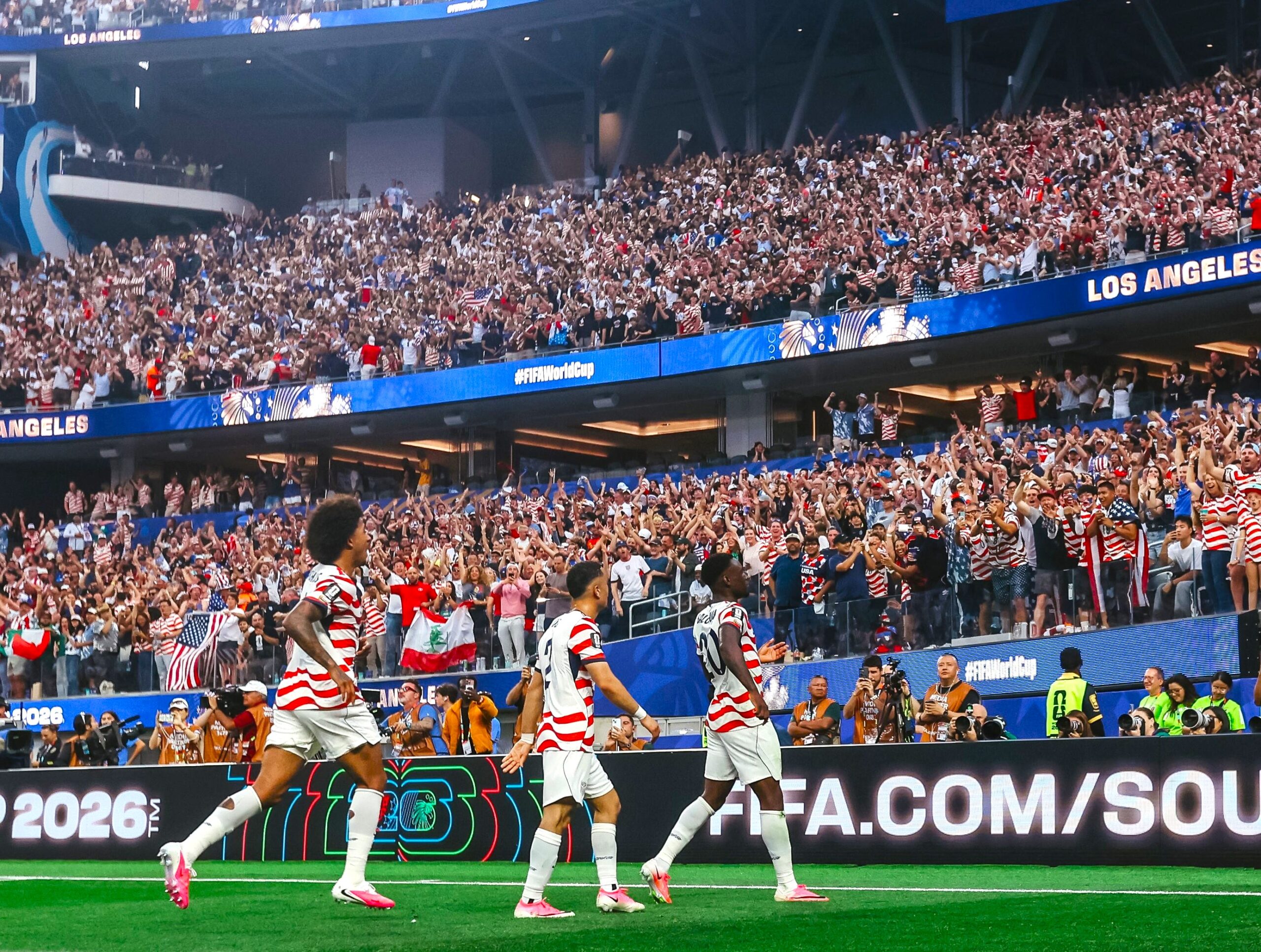 Folarin Balogun and his USA teammates celebrating goal against Paraguay at the World Cup 2026 opening game in Los Angeles