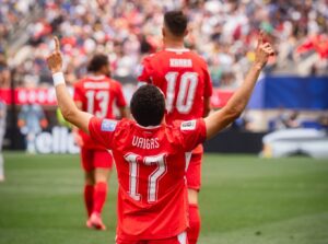 Granit Xhaka and teammates after scoring for Switzerland against Bosnia