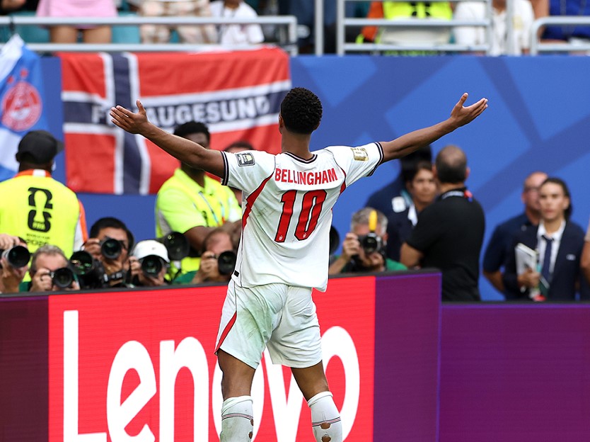 Jude Bellingham celebrating after scoring for England against Norway