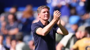 Oliver Glasner applauding at the City Ground, Nottingham Forest's stadium