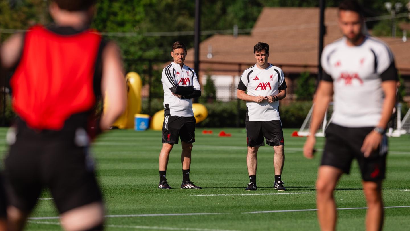 Andoni Iraola and staff coach supervising Liverpool training