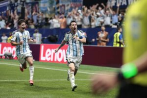 Lionel Messi celebrates goal for Argentina against Egypt