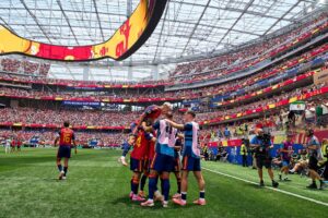 Spain players celebrating a goal at the World Cup
