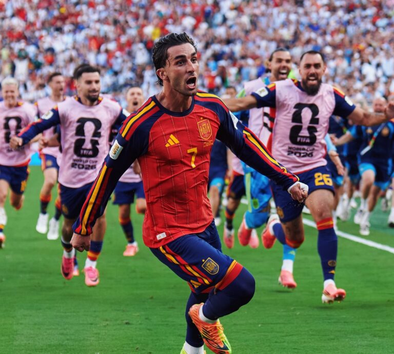 Spain's Ferran Torres celebrating with teammates after scoring the winner in the World Cup final