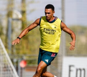 Trent Alexander-Arnold on the ball during a Real Madrid training session