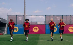 Barcelona players jogging during a training session