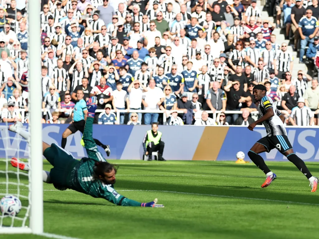 Anthony Elanga scoring Newcastle's opener against Liverpool