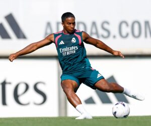 Endrick kicking the ball during Real Madrid training