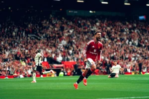 Bruno Fernandes running off to celebrate goal for Manchester United
