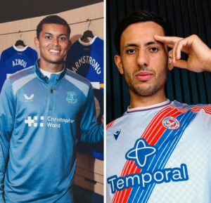 Brennan Johnson and Dwight McNeil posing in Everton and Crystal Palace shirts